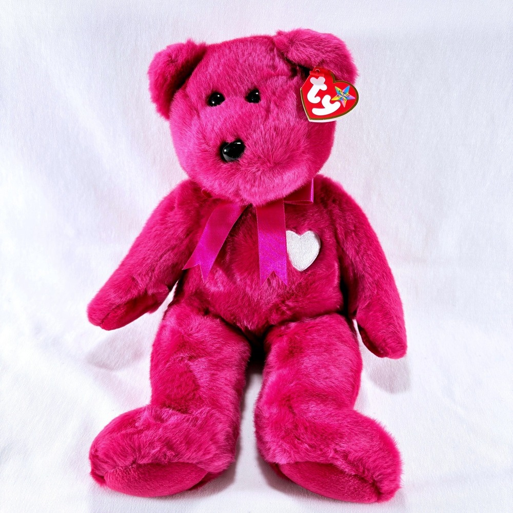 Vintage 2001 Ty Beanie Buddies Valentina Bear 14" Pink Heart Patch Plush Ribbon